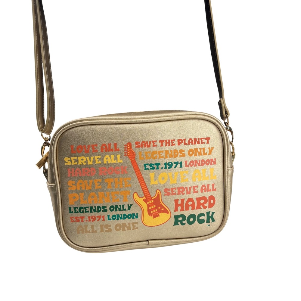 Hard Rock Cafe Gold Metallic Crossbody Bag Guitar Graphic Print London Est 1971